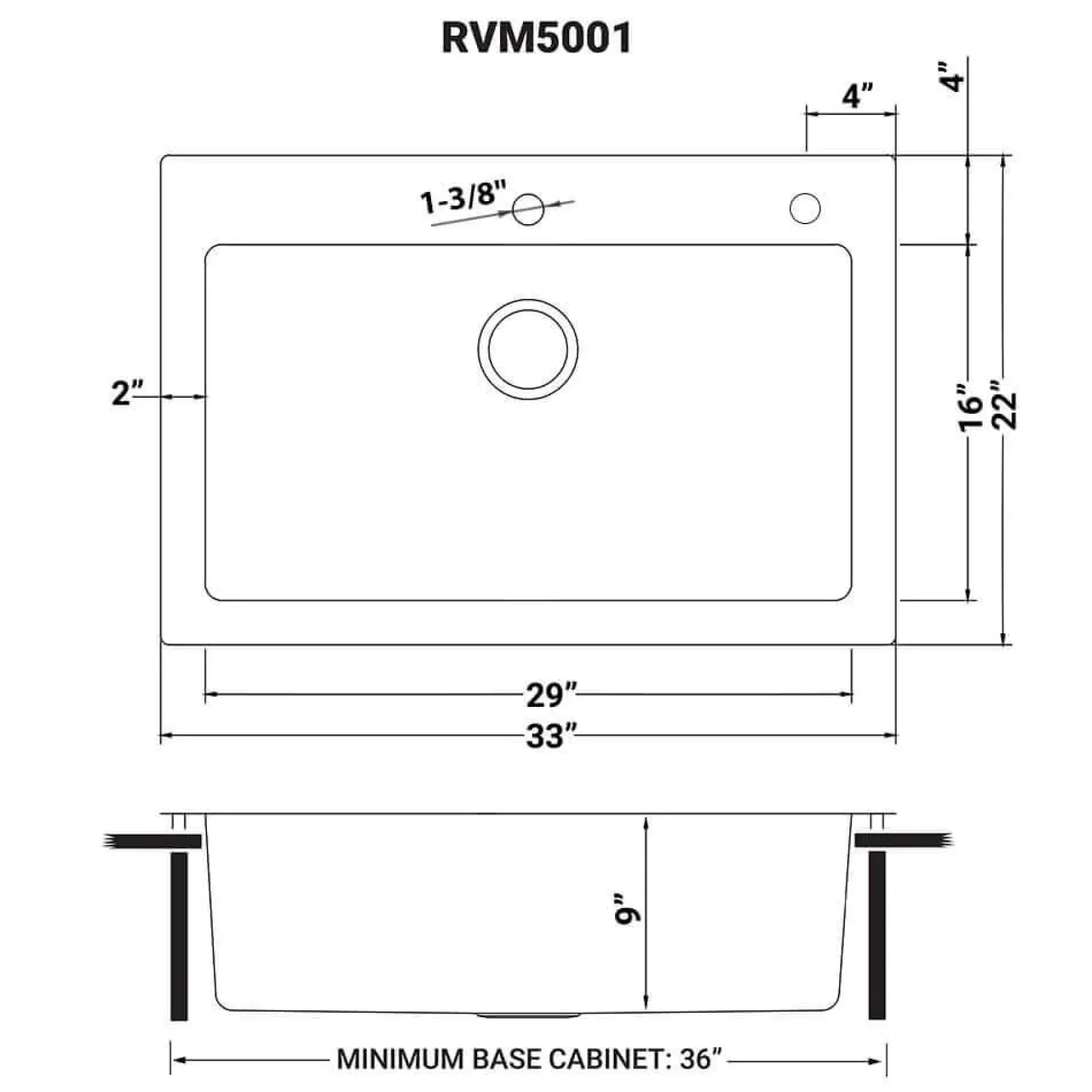 Ruvati Modena 33" Drop-in Topmount Stainless Steel Kitchen Sink, 16 Gauge, RVM5001