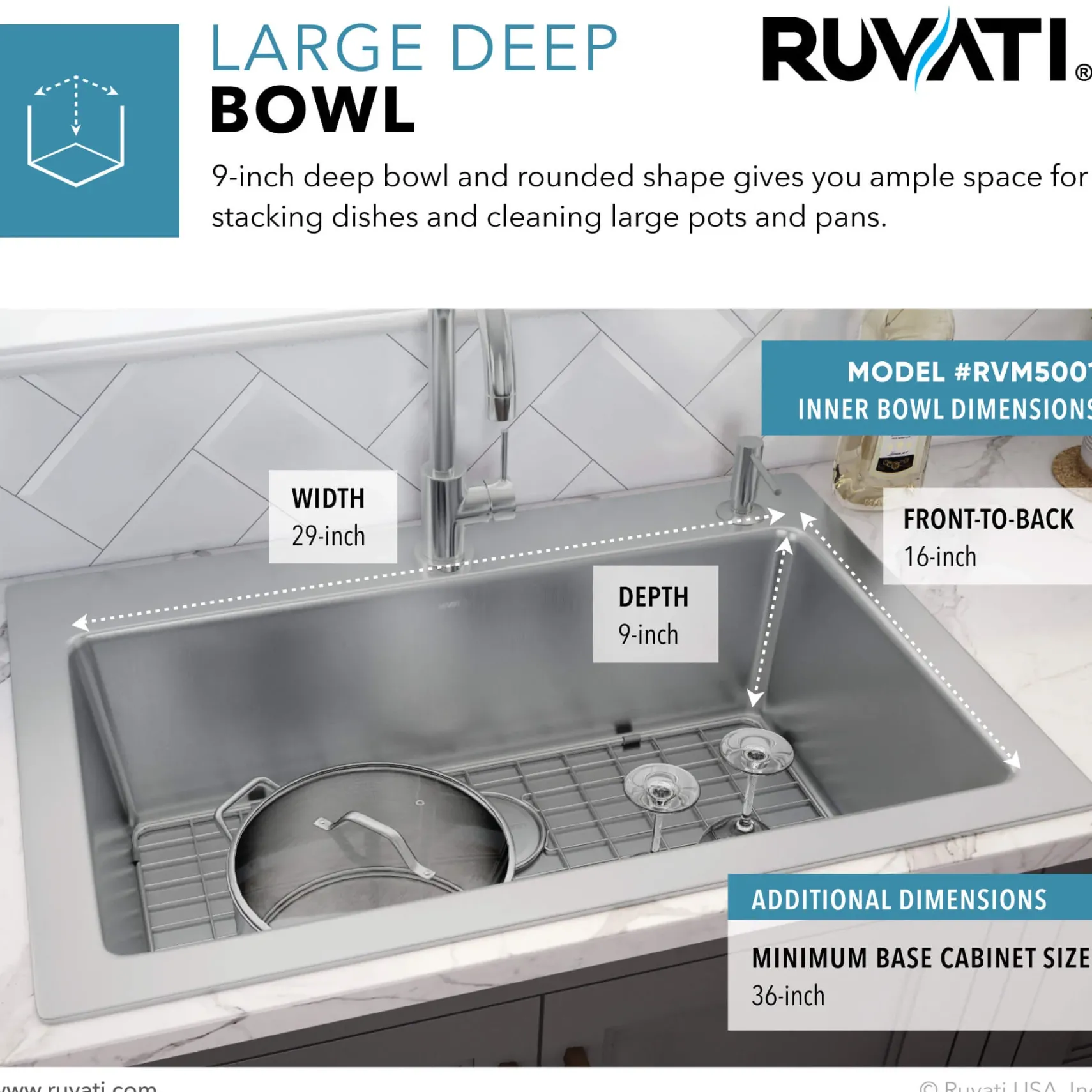 Ruvati Modena 33" Drop-in Topmount Stainless Steel Kitchen Sink, 16 Gauge, RVM5001
