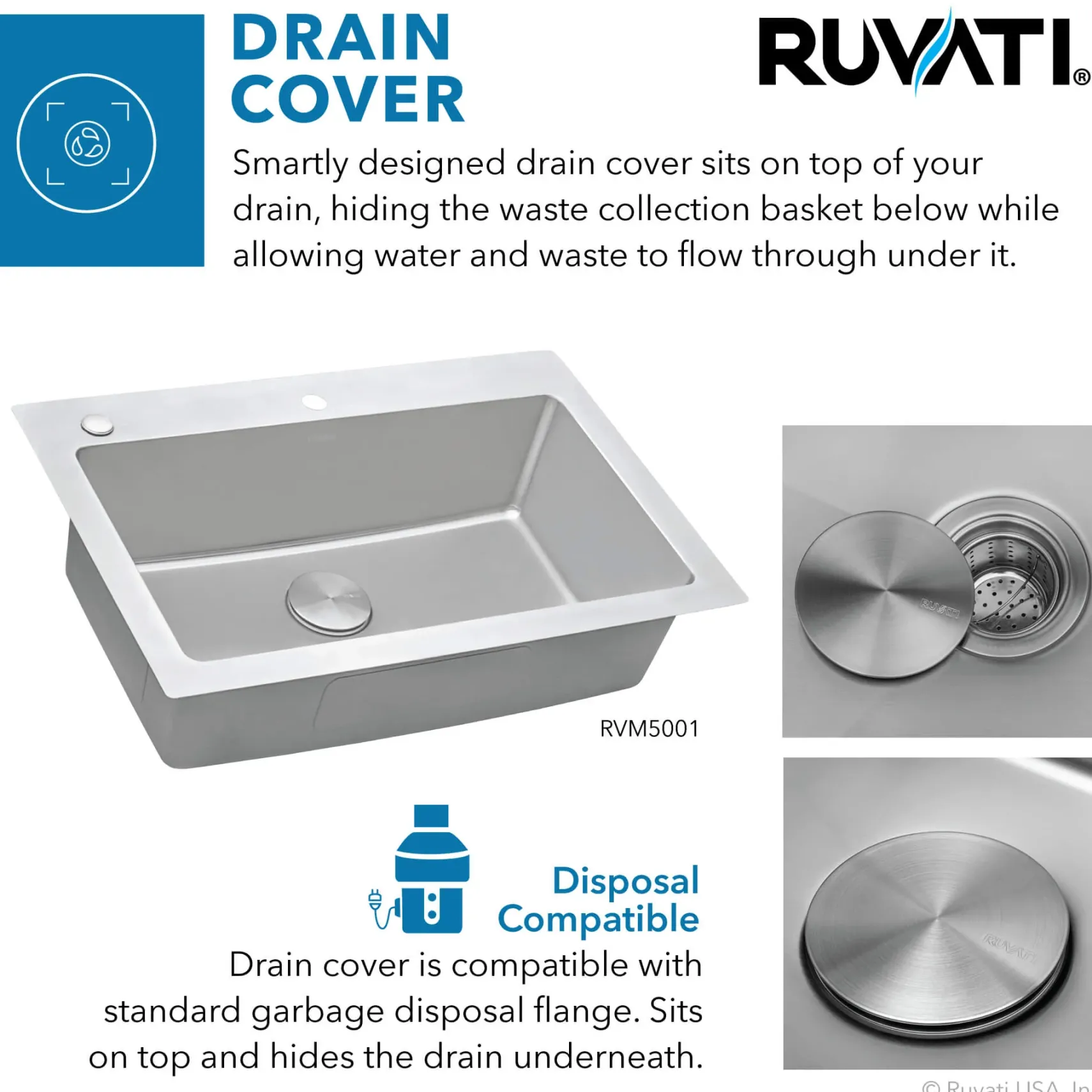 Ruvati Modena 33" Drop-in Topmount Stainless Steel Kitchen Sink, 16 Gauge, RVM5001