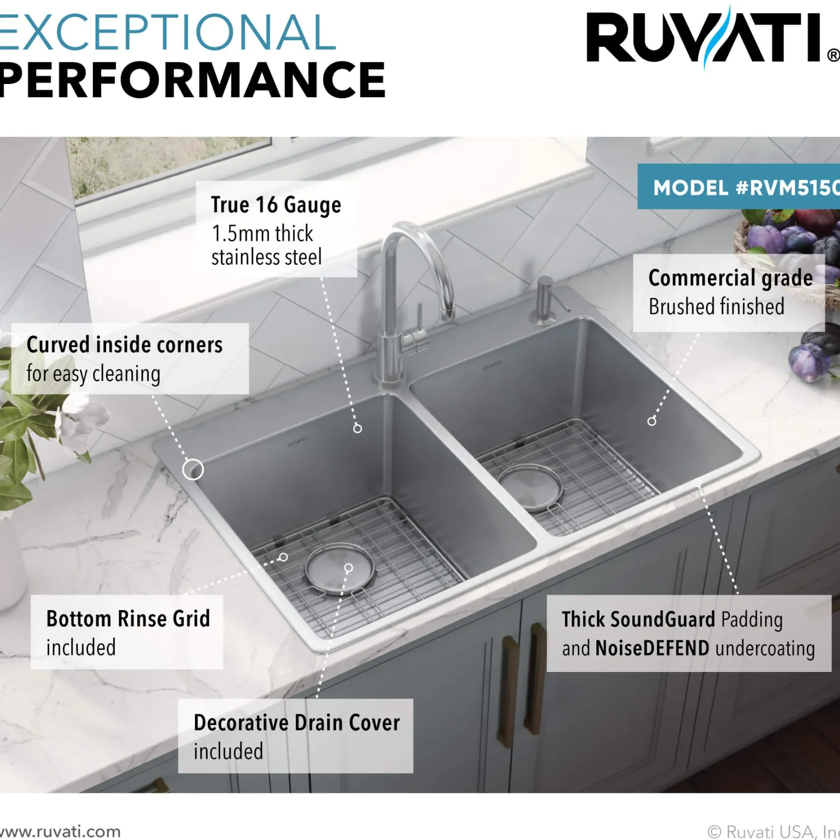Ruvati Modena 33" Drop-in Topmount Stainless Steel Kitchen Sink, 50/50 Double Bowl, 16 Gauge, RVM5150