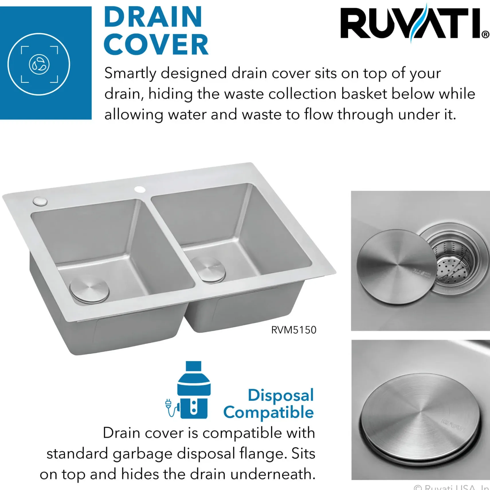 Ruvati Modena 33" Drop-in Topmount Stainless Steel Kitchen Sink, 50/50 Double Bowl, 16 Gauge, RVM5150