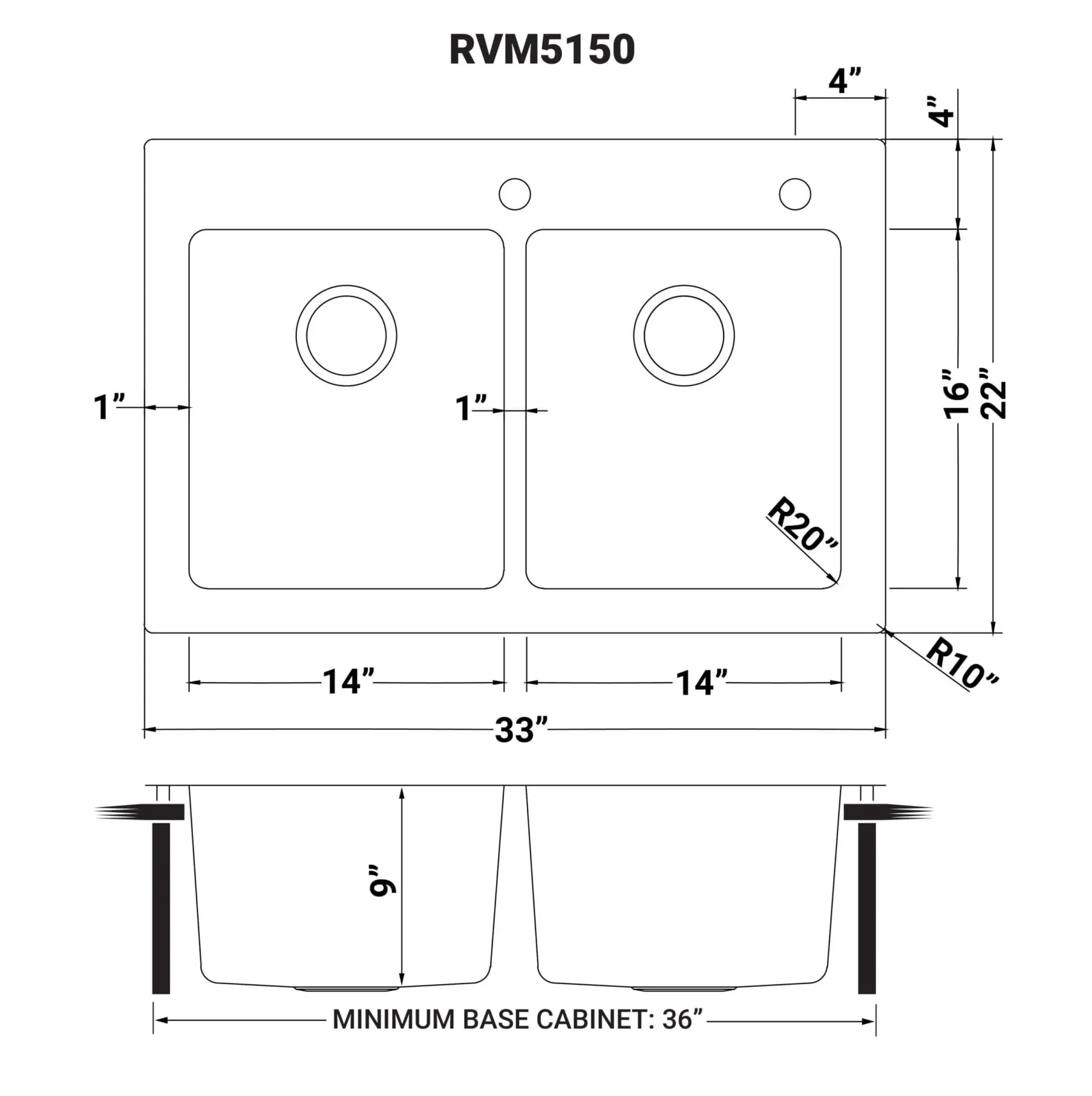 Ruvati Modena 33" Drop-in Topmount Stainless Steel Kitchen Sink, 50/50 Double Bowl, 16 Gauge, RVM5150