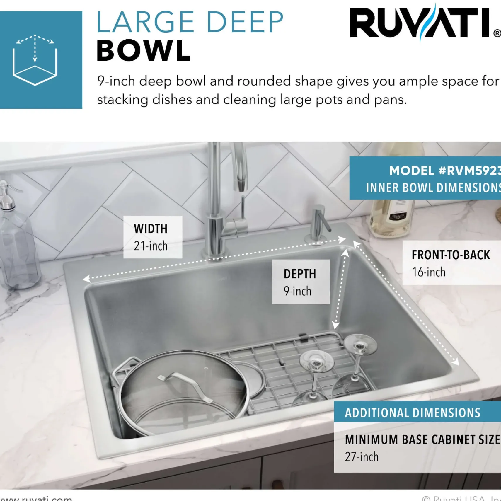Ruvati Modena 23" Drop-in Topmount Stainless Steel Kitchen Sink, 16 Gauge, RVM5923