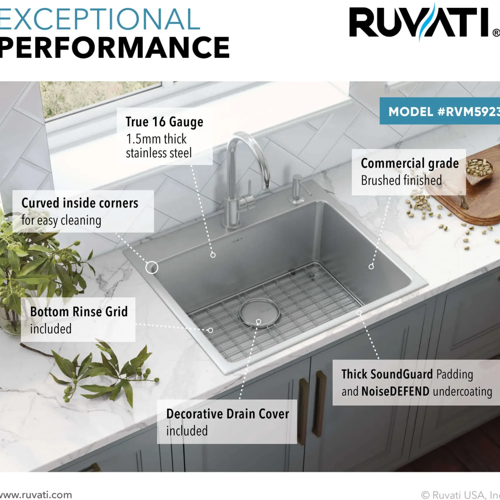 Ruvati Modena 23" Drop-in Topmount Stainless Steel Kitchen Sink, 16 Gauge, RVM5923