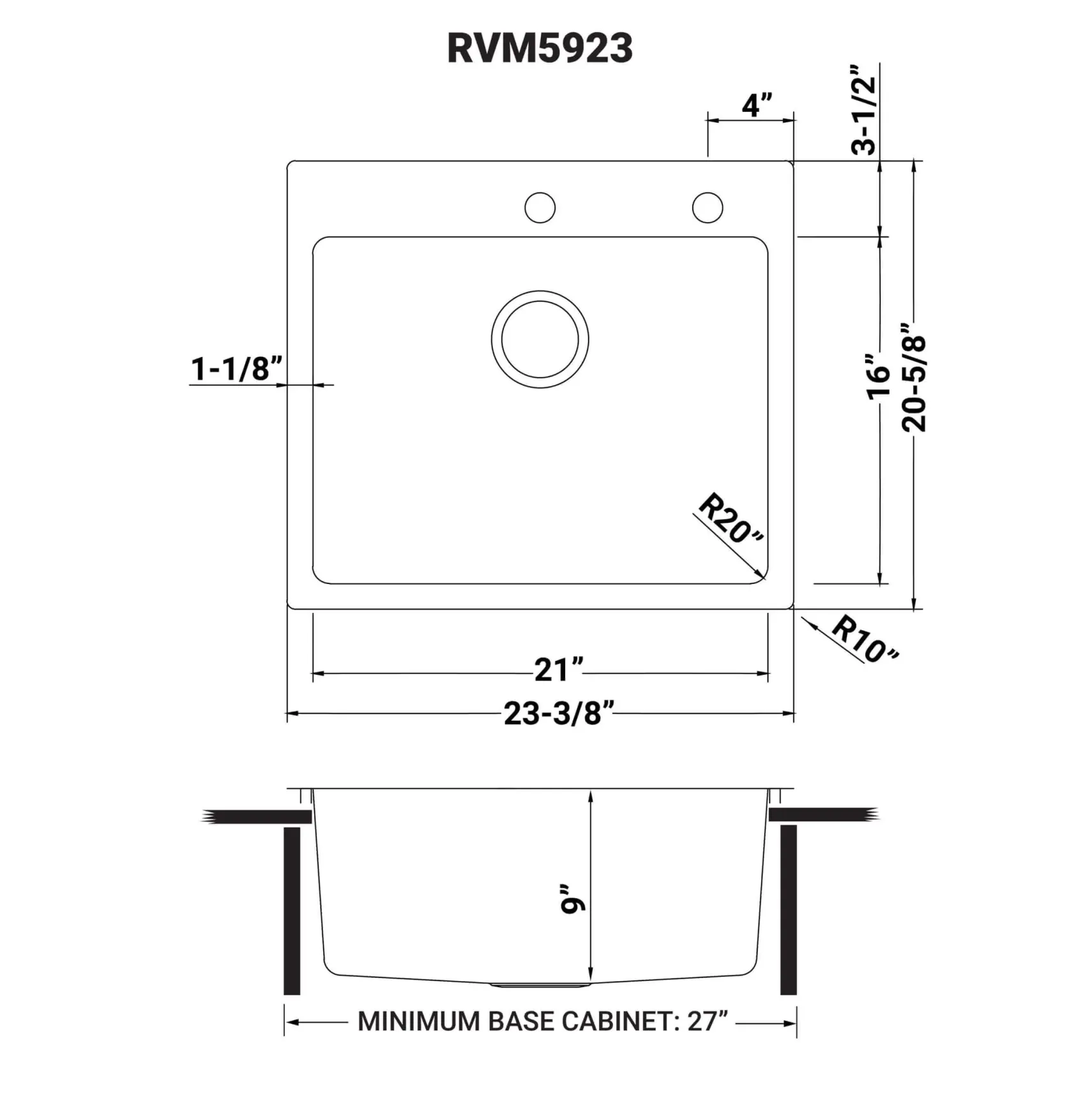 Ruvati Modena 23" Drop-in Topmount Stainless Steel Kitchen Sink, 16 Gauge, RVM5923