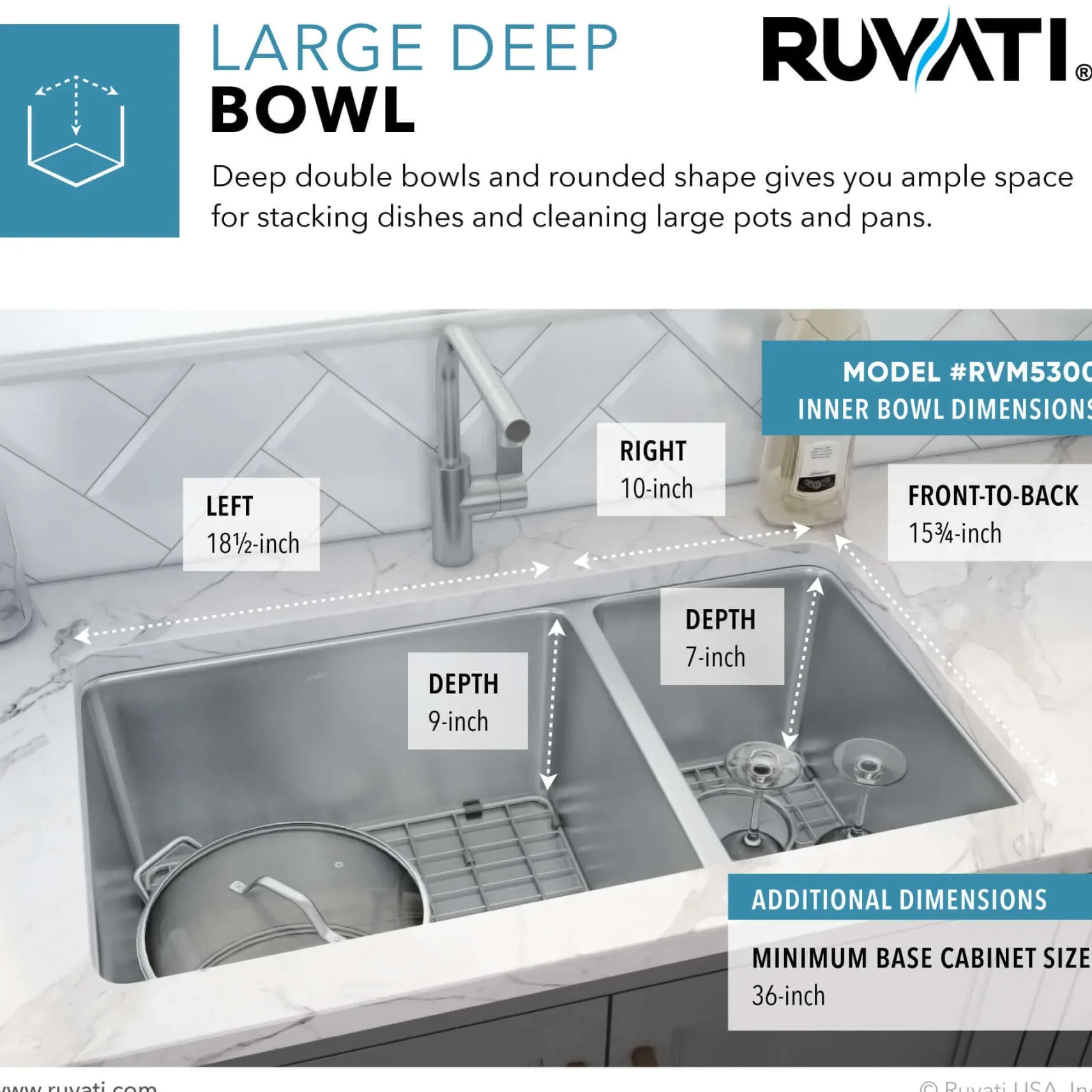 Ruvati Modena 32" Undermount Stainless Steel Kitchen Sink, 70/30 Double Bowl, 16 Gauge, RVM5300