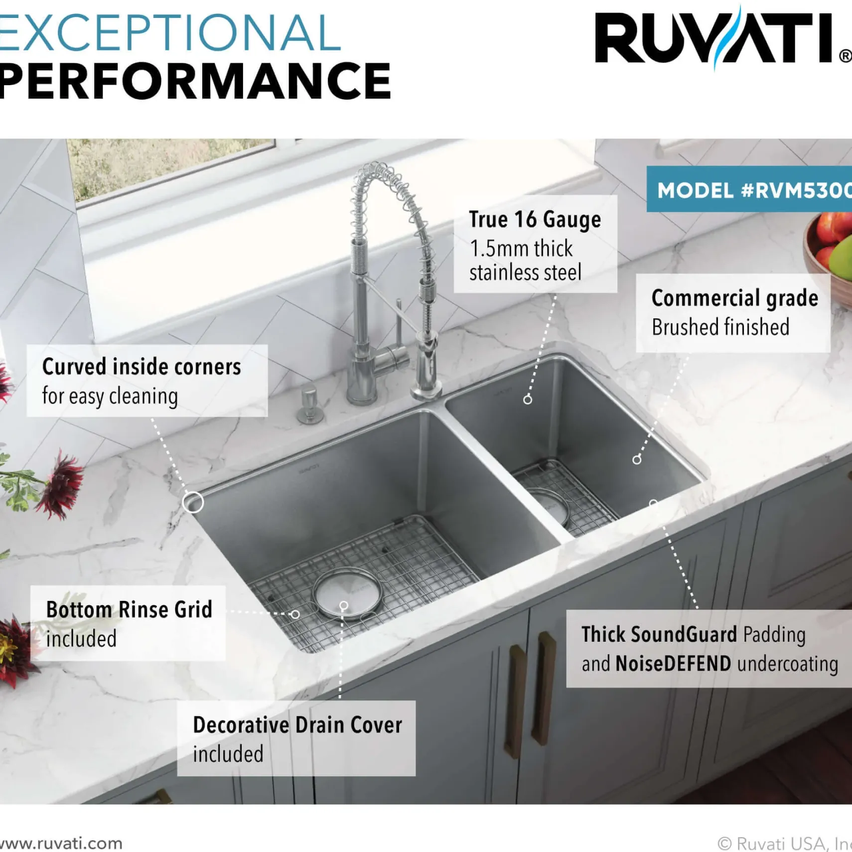 Ruvati Modena 32" Undermount Stainless Steel Kitchen Sink, 70/30 Double Bowl, 16 Gauge, RVM5300