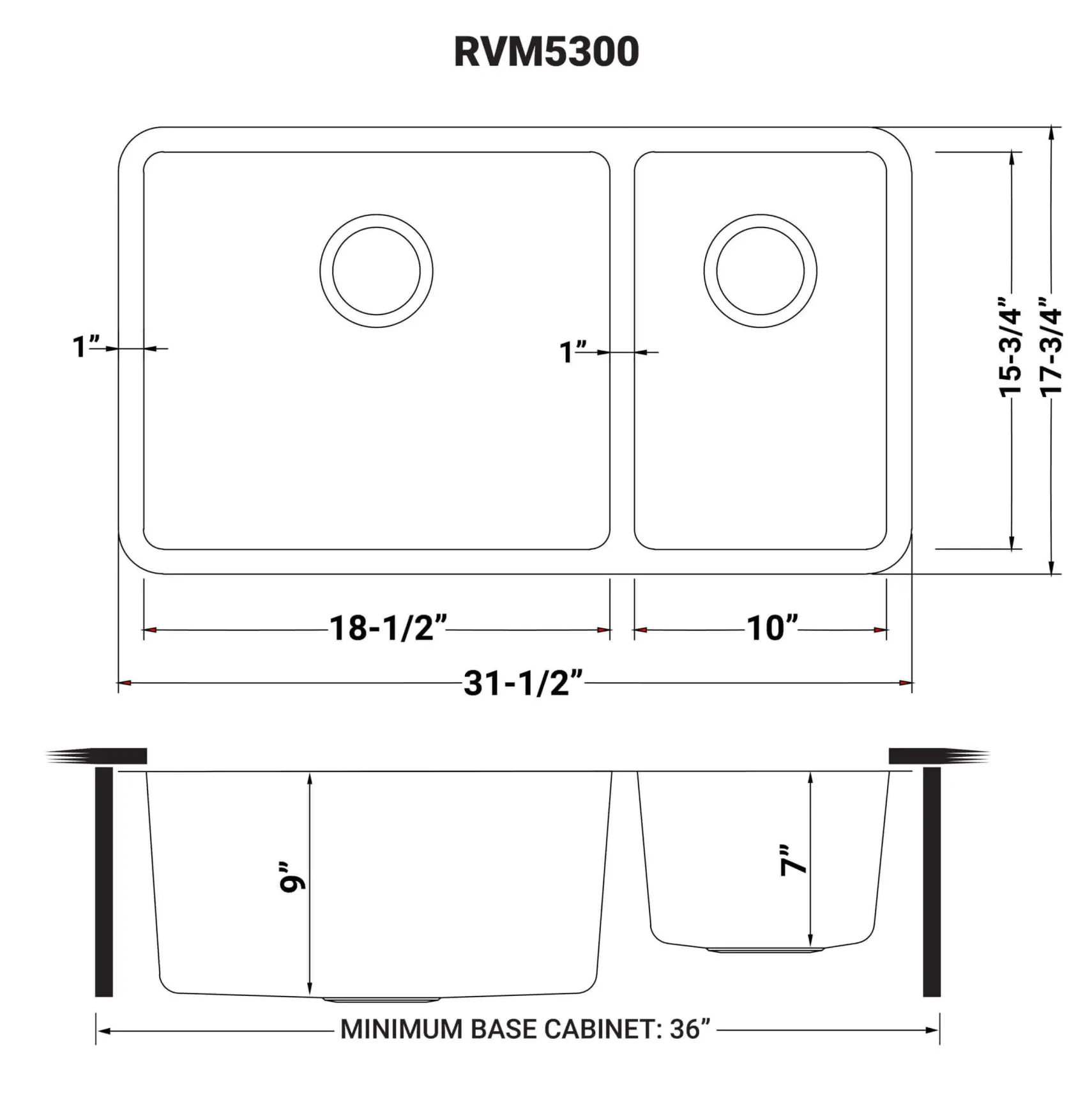 Ruvati Modena 32" Undermount Stainless Steel Kitchen Sink, 70/30 Double Bowl, 16 Gauge, RVM5300