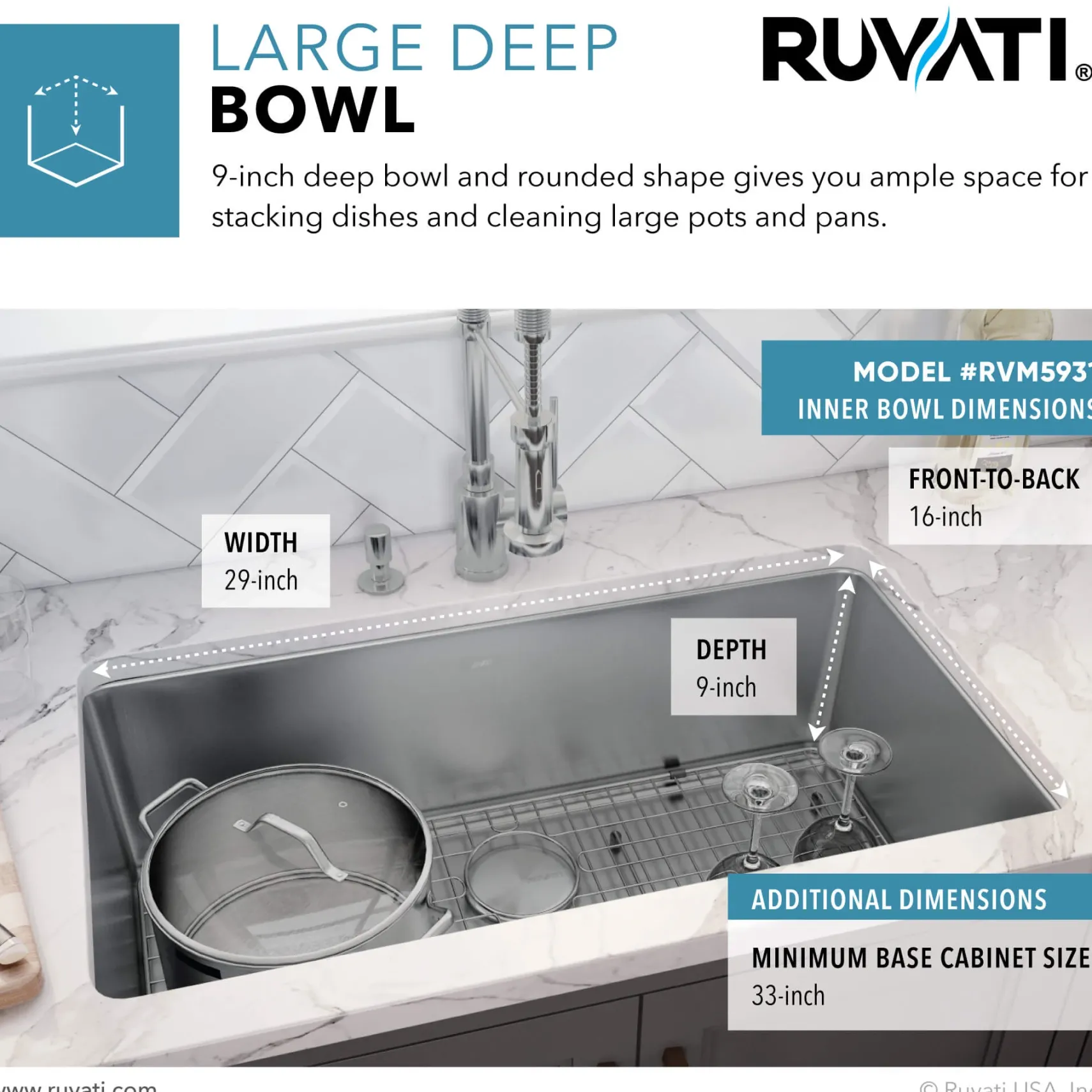Ruvati Modena 31" Undermount Stainless Steel Kitchen Sink, 16 Gauge, RVM5931