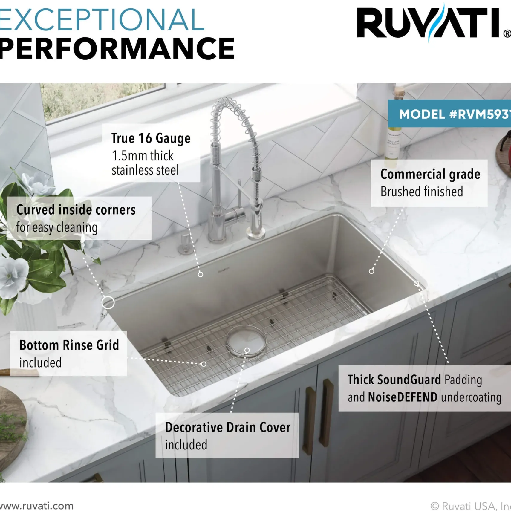 Ruvati Modena 31" Undermount Stainless Steel Kitchen Sink, 16 Gauge, RVM5931