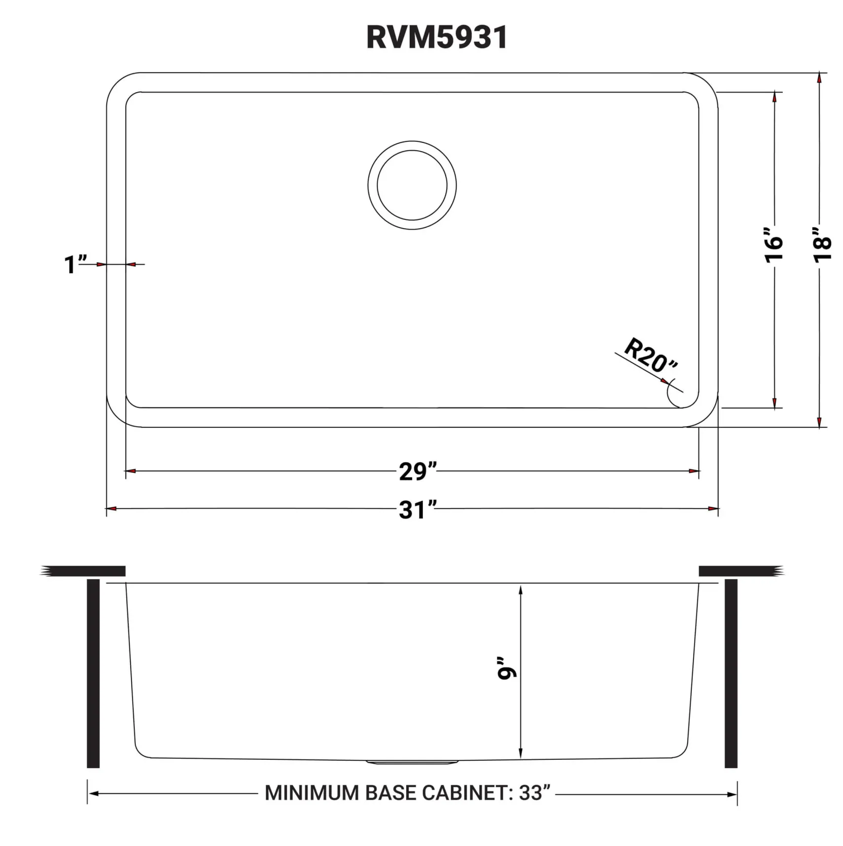 Ruvati Modena 31" Undermount Stainless Steel Kitchen Sink, 16 Gauge, RVM5931