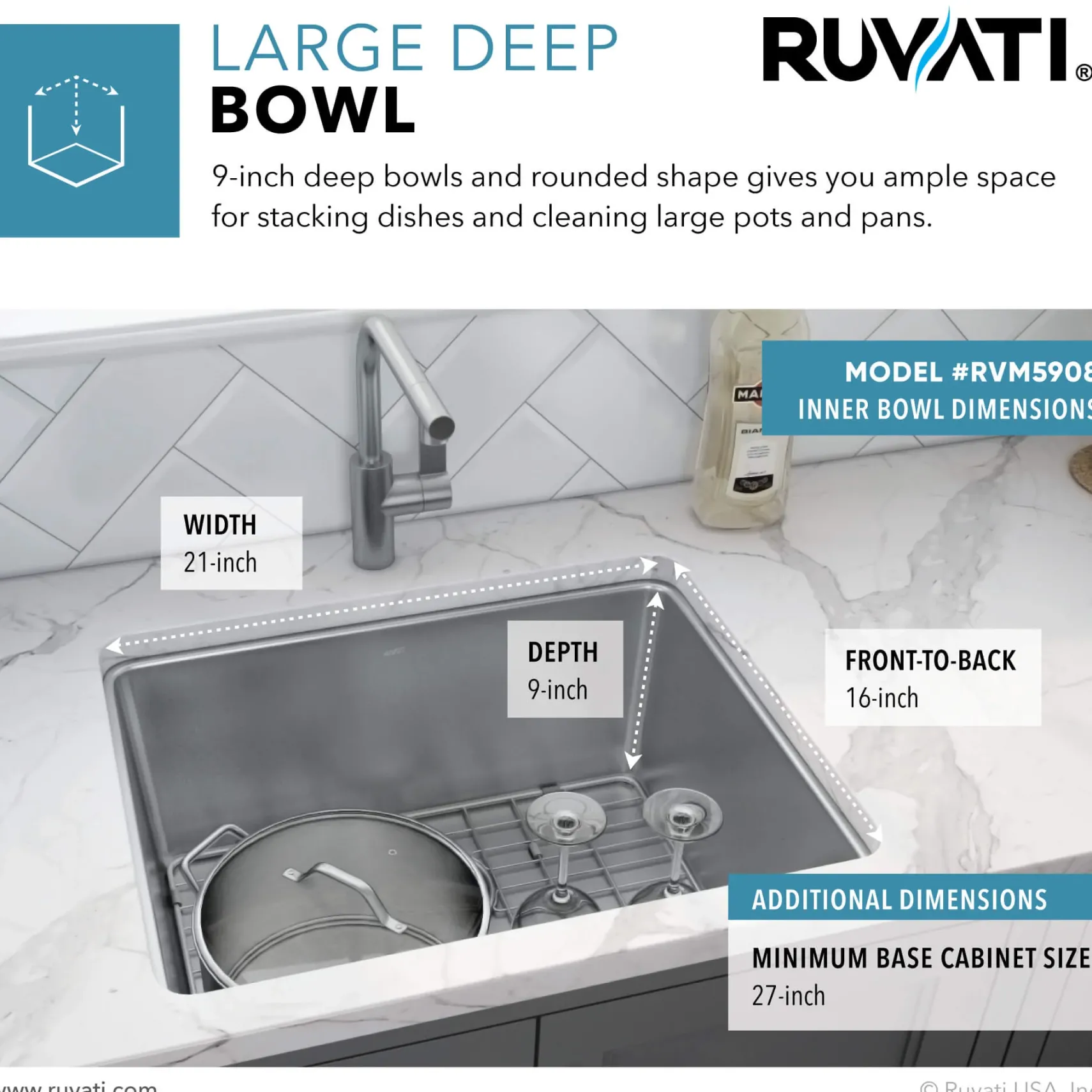 Ruvati Modena 23" Undermount Stainless Steel Kitchen Sink, 16 Gauge, RVM5908