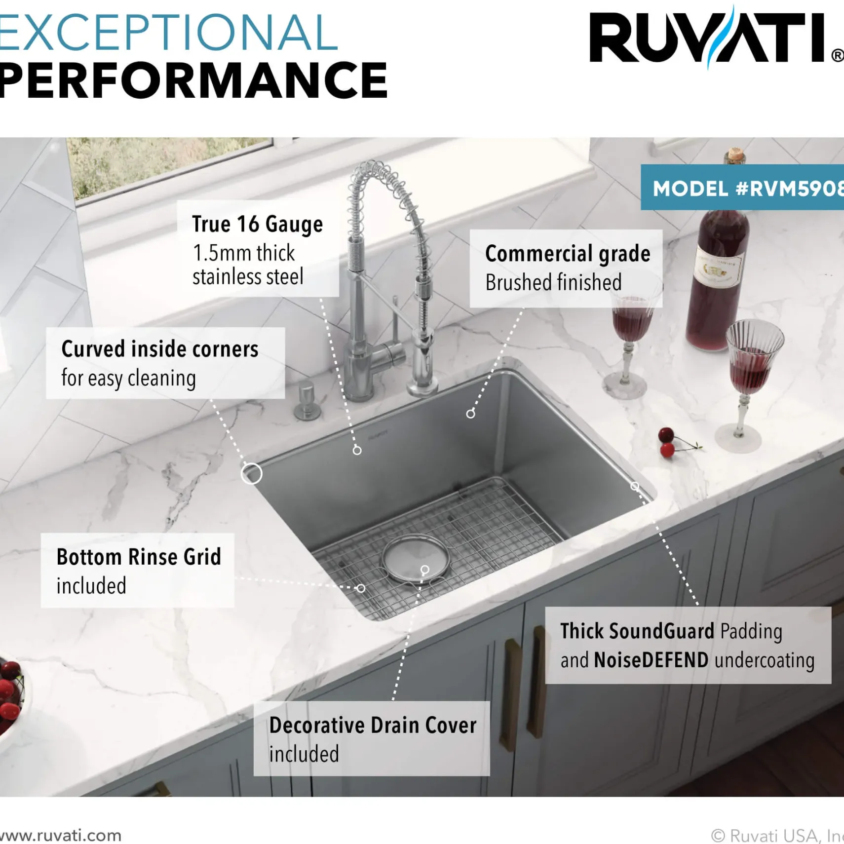 Ruvati Modena 23" Undermount Stainless Steel Kitchen Sink, 16 Gauge, RVM5908