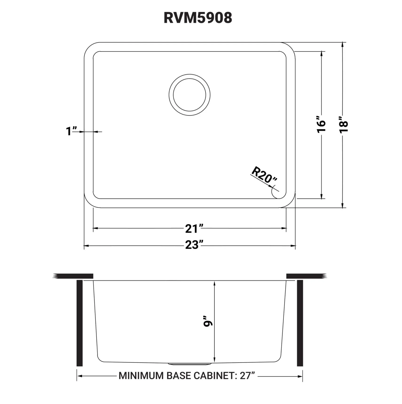 Ruvati Modena 23" Undermount Stainless Steel Kitchen Sink, 16 Gauge, RVM5908