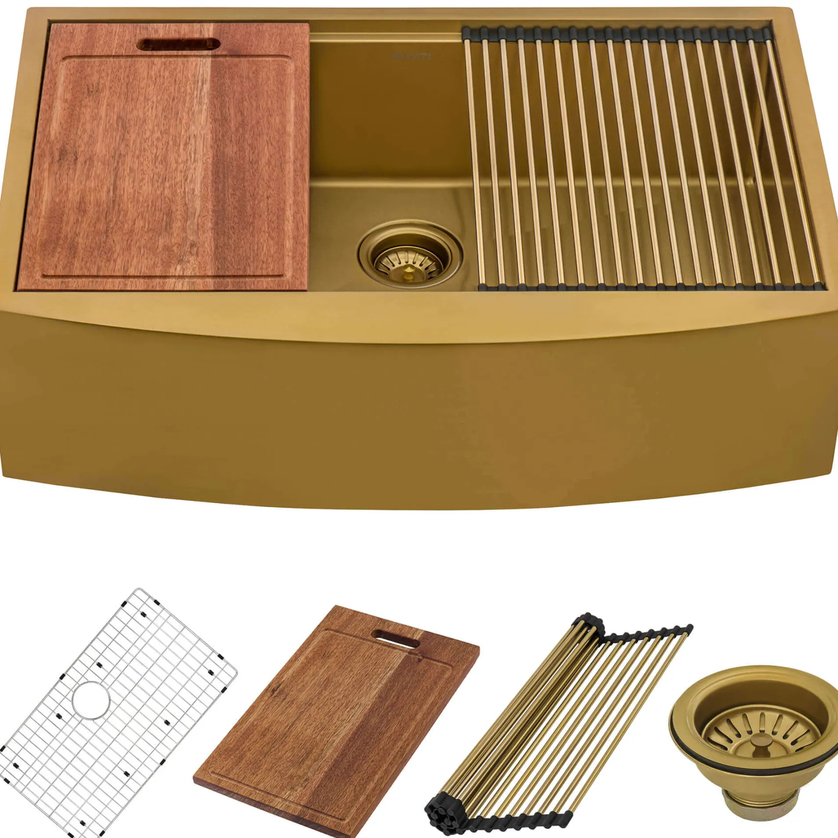 Ruvati Monaco 33" Stainless Steel Workstation Apron-front Farmhouse Sink, Matte Gold Brass Tone, 16 Gauge, RVH9207GG