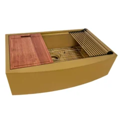 Ruvati Monaco 36" Stainless Steel Workstation Apron-front Farmhouse Sink, Matte Gold Brass Tone, 16 Gauge, RVH9308GG