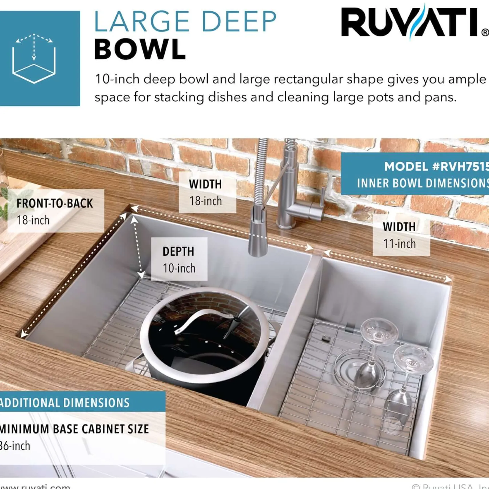 Ruvati Nesta 32" Undermount Stainless Steel Kitchen Sink, 60/40 Double Bowl, 16 Gauge, Zero Radius, RVH7515
