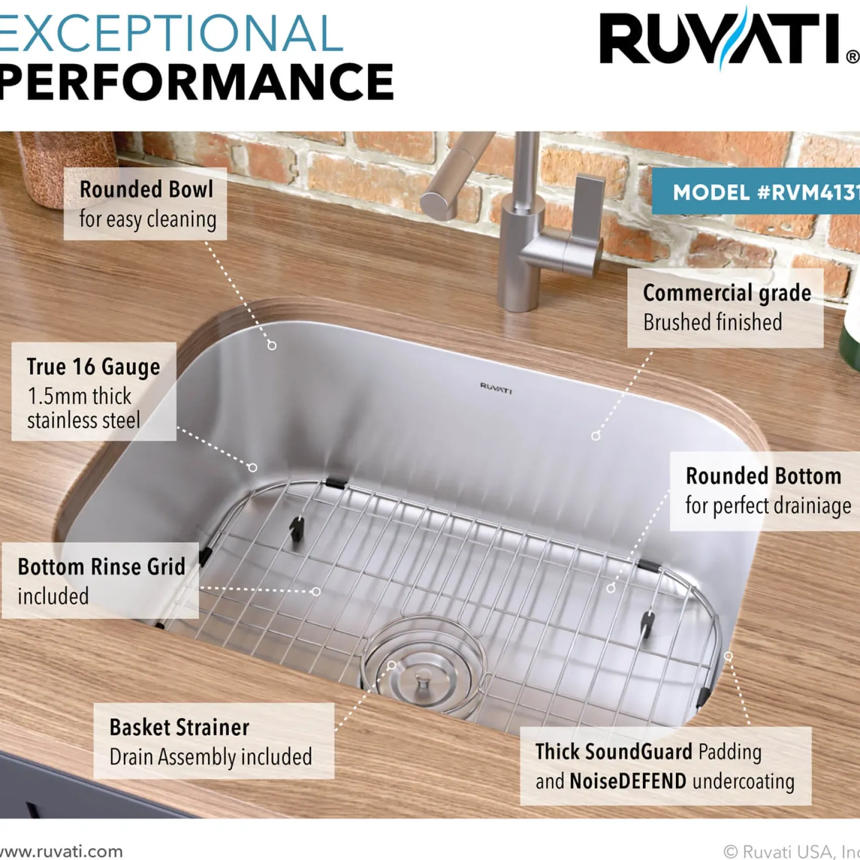 Ruvati Parmi 21" Undermount Stainless Steel Bar/Prep Sink, 16 Gauge, RVM4131
