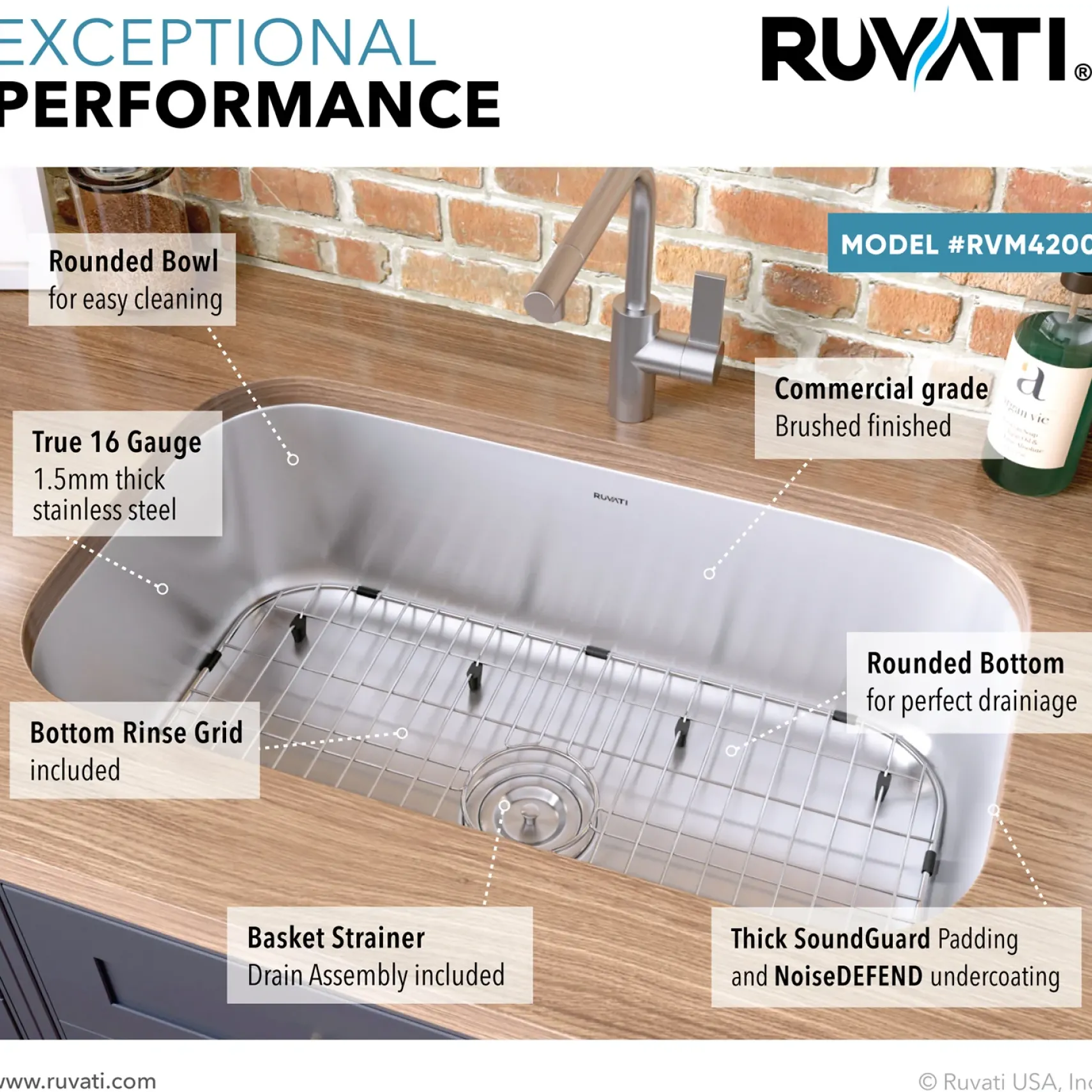 Ruvati Parmi 32" Undermount Stainless Steel Kitchen Sink, 16 Gauge, RVM4200