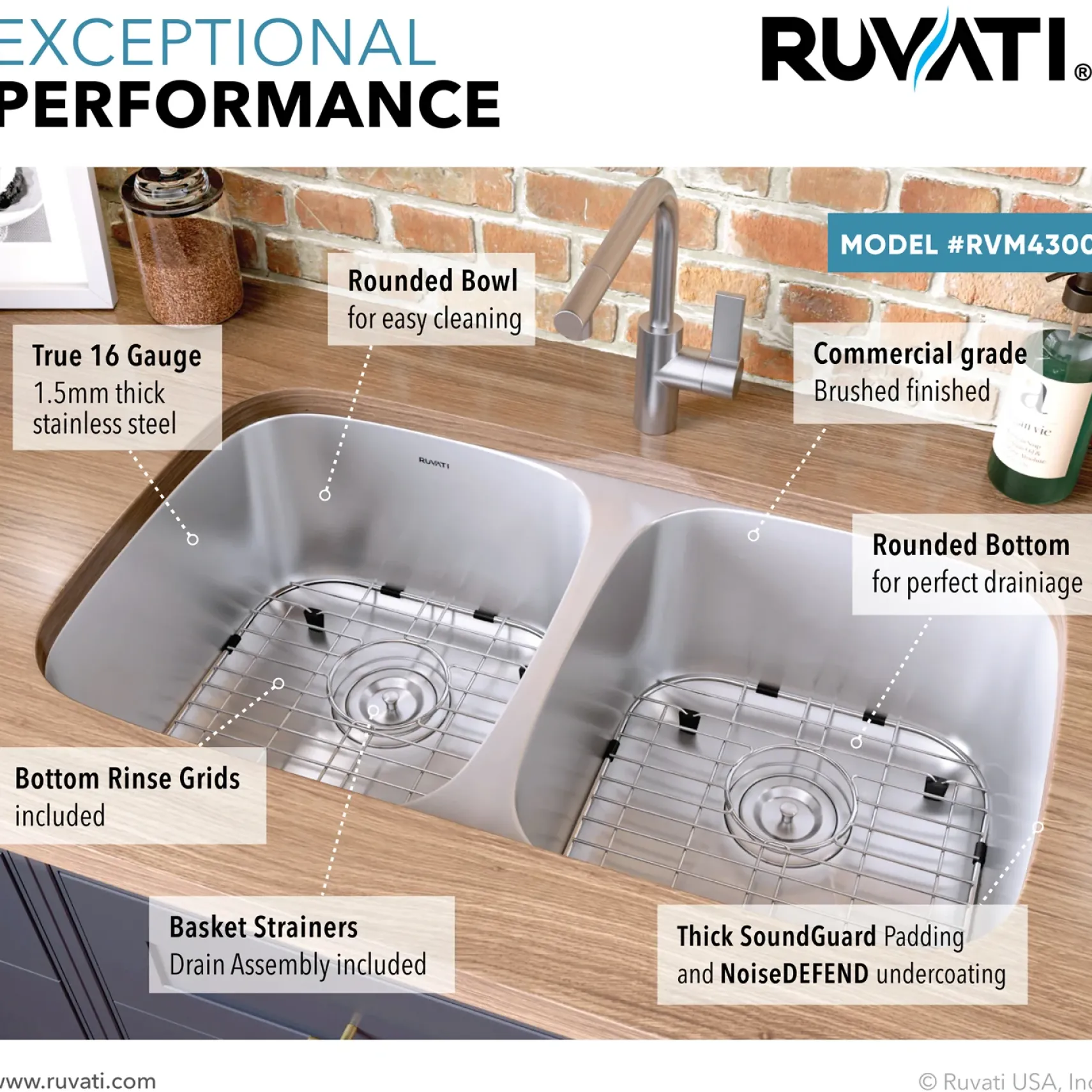 Ruvati Parmi 32" Undermount Stainless Steel Kitchen Sink, 50/50 Double Bowl, 16 Gauge, RVM4300