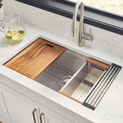 Ruvati Roma Pro 33-inch Workstation Ledge Rounded Corners Undermount 16 Gauge Kitchen Sink Single Bowl, Stainless Steel, 16, RVH8303