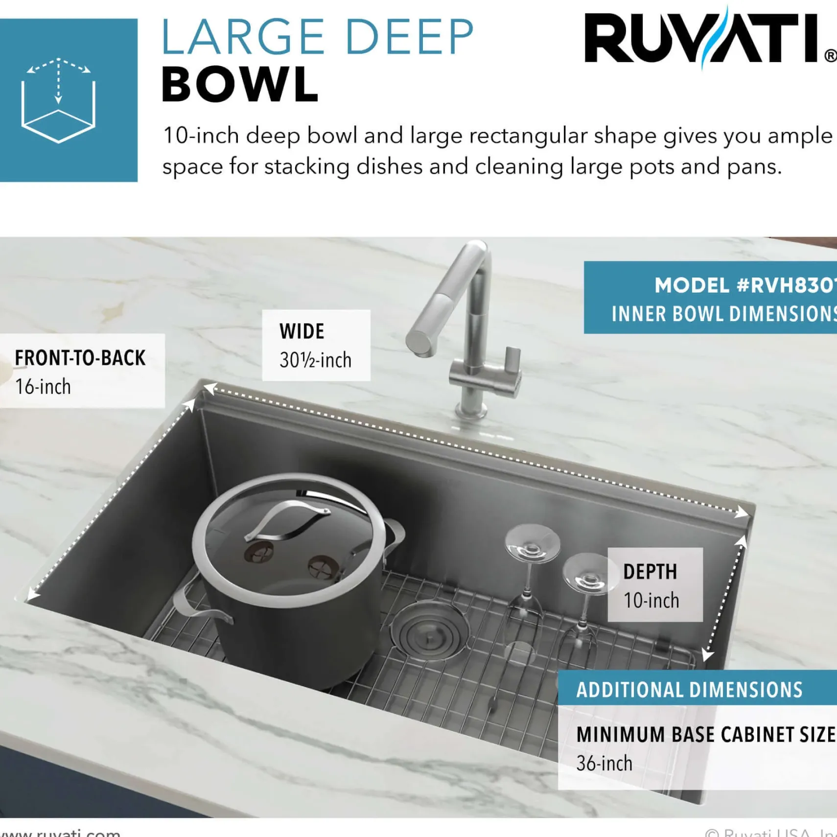 Ruvati Roma Pro 32" Undermount Stainless Steel Workstation Kitchen Sink, 16 Gauge, Rounded Corners, RVH8301