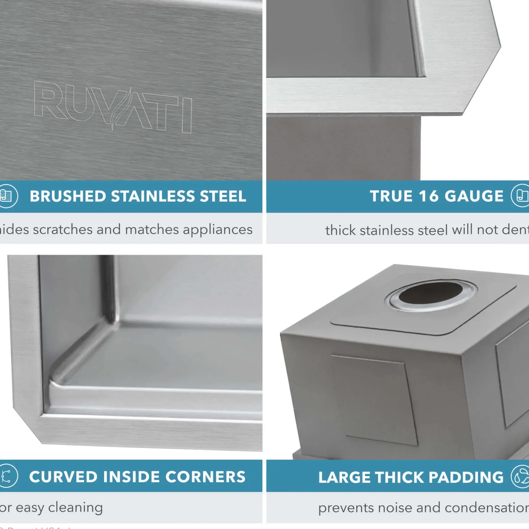 Ruvati Roma Pro 27" Undermount Stainless Steel Workstation Kitchen Sink, 16 Gauge, Rounded Corners, RVH8327