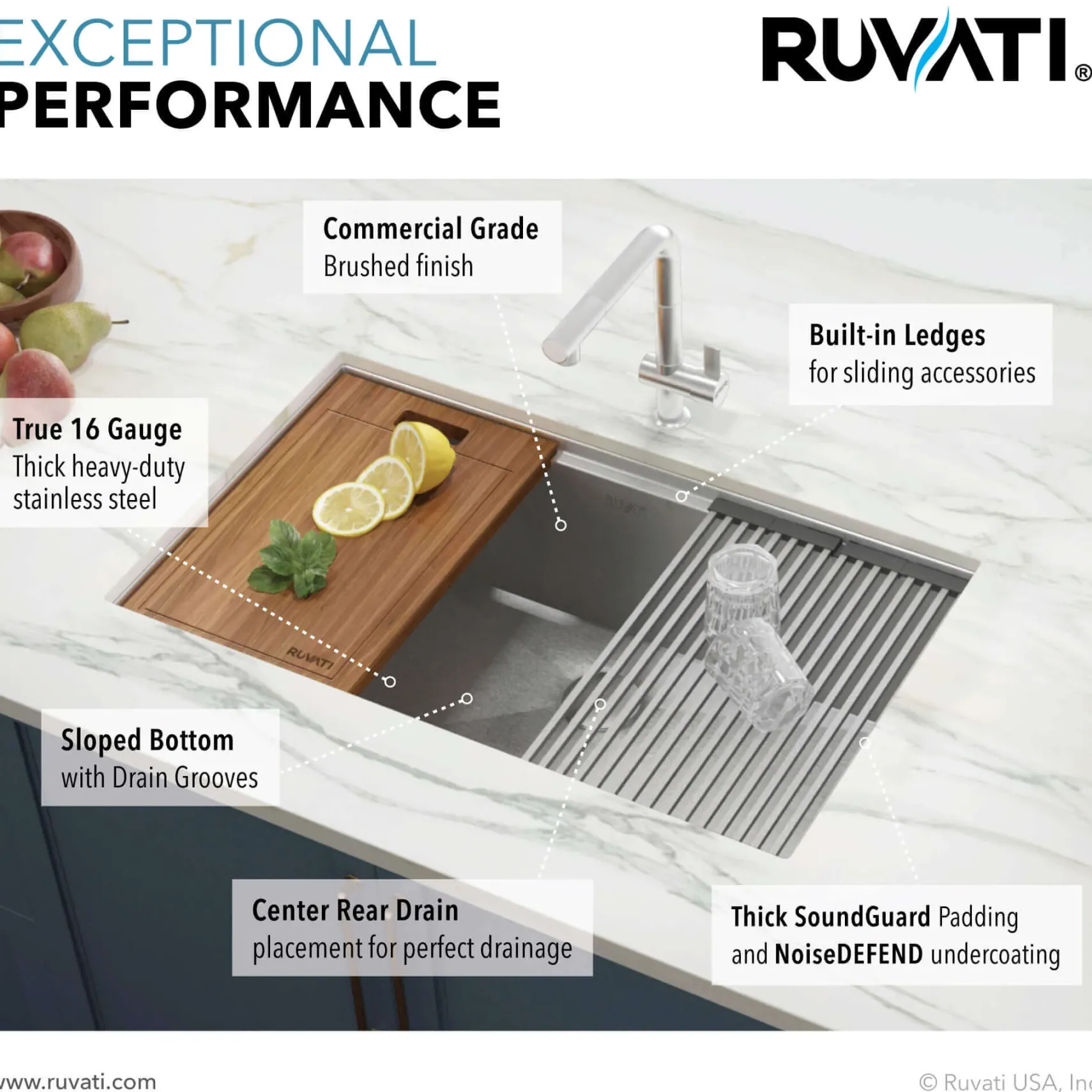 Ruvati Roma 30" Undermount Stainless Steel Workstation Kitchen Sink, 16 Gauge, RVH8310
