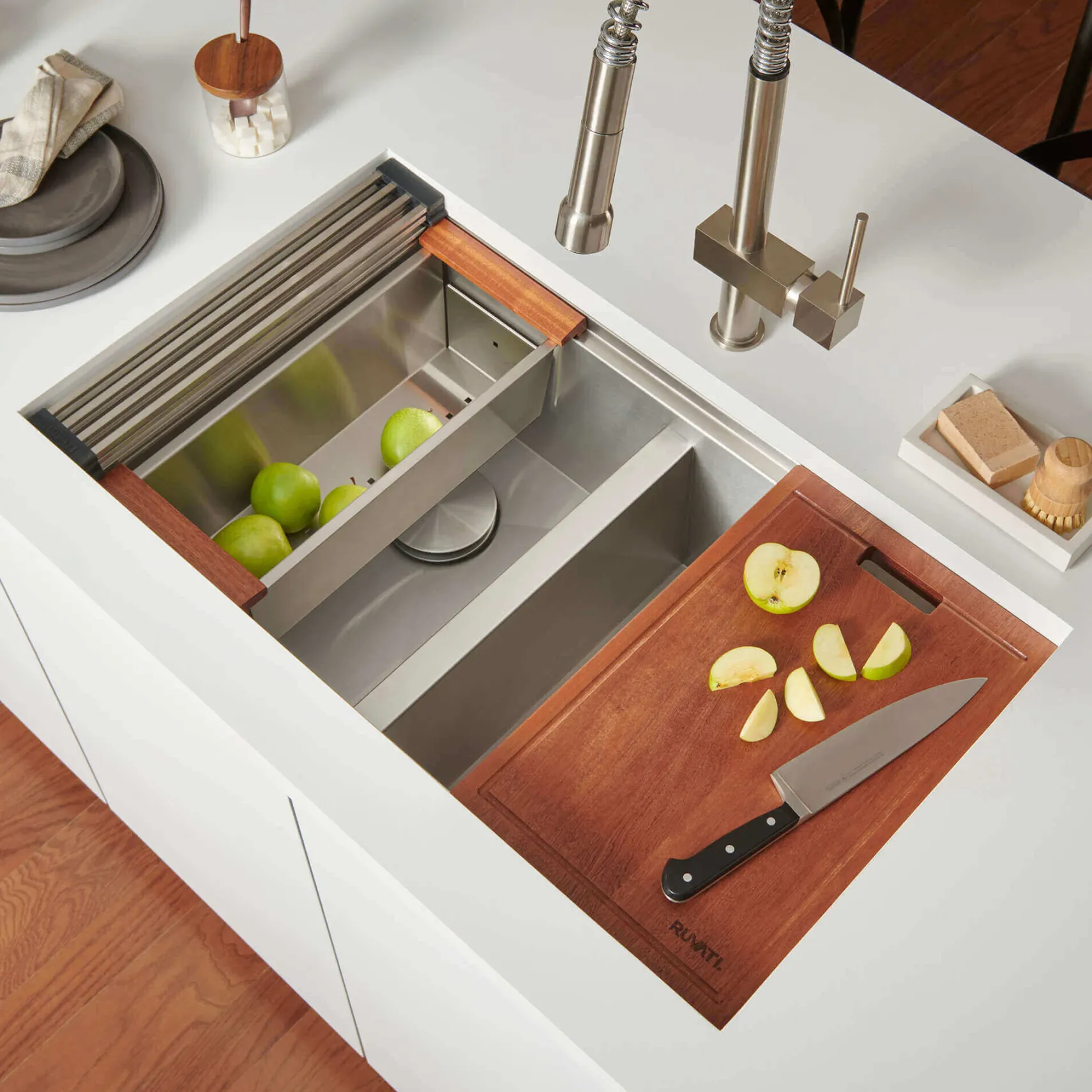 Ruvati Roma 30" Undermount Stainless Steel Workstation Kitchen Sink, 50/50 Double Bowl, 16 Gauge, RVH8345