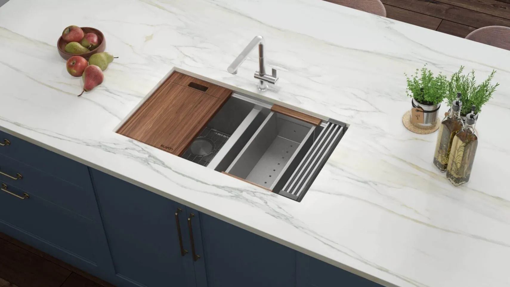 Ruvati Roma 30" Undermount Stainless Steel Workstation Kitchen Sink, 50/50 Double Bowl, 16 Gauge, RVH8345