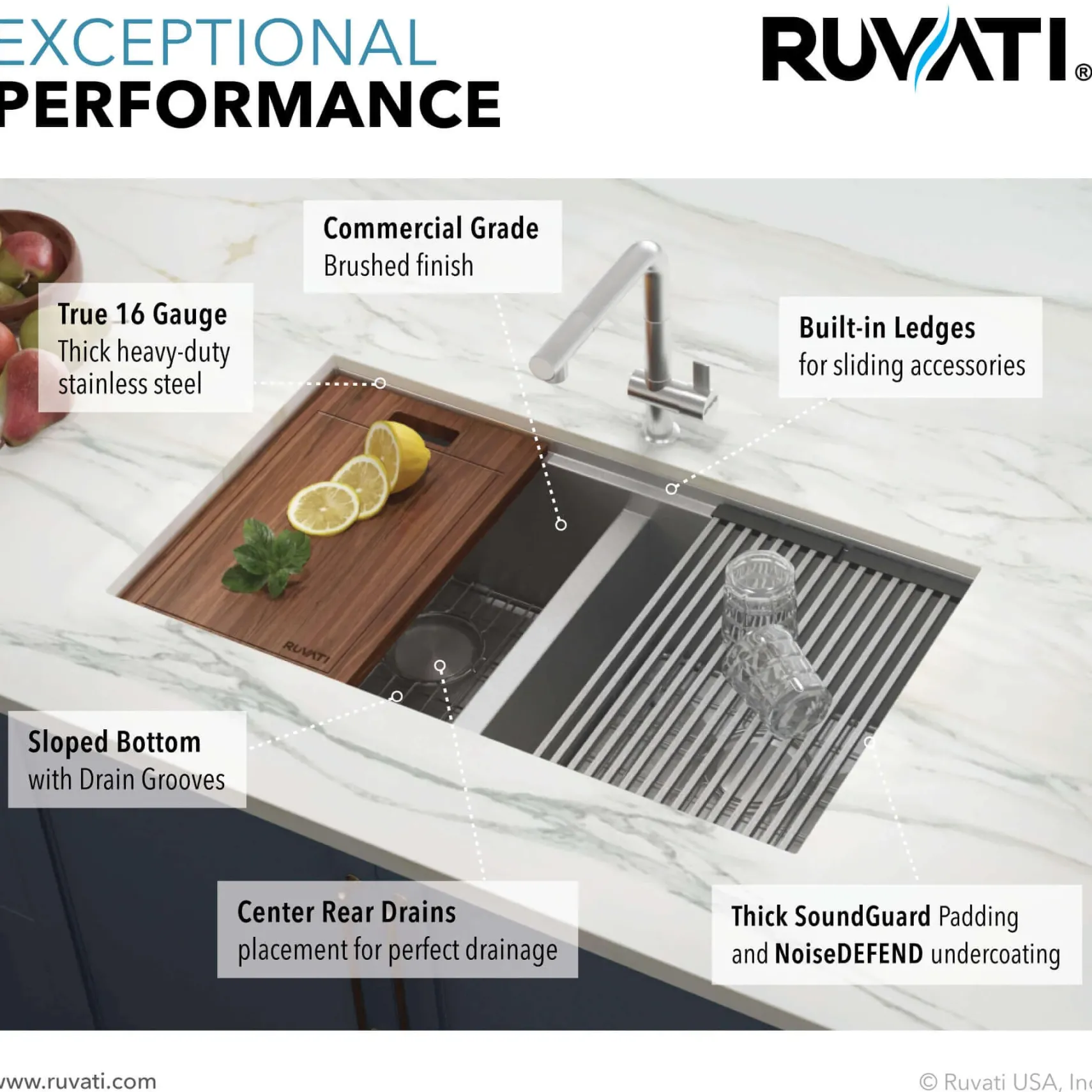 Ruvati Roma 30" Undermount Stainless Steel Workstation Kitchen Sink, 50/50 Double Bowl, 16 Gauge, RVH8345