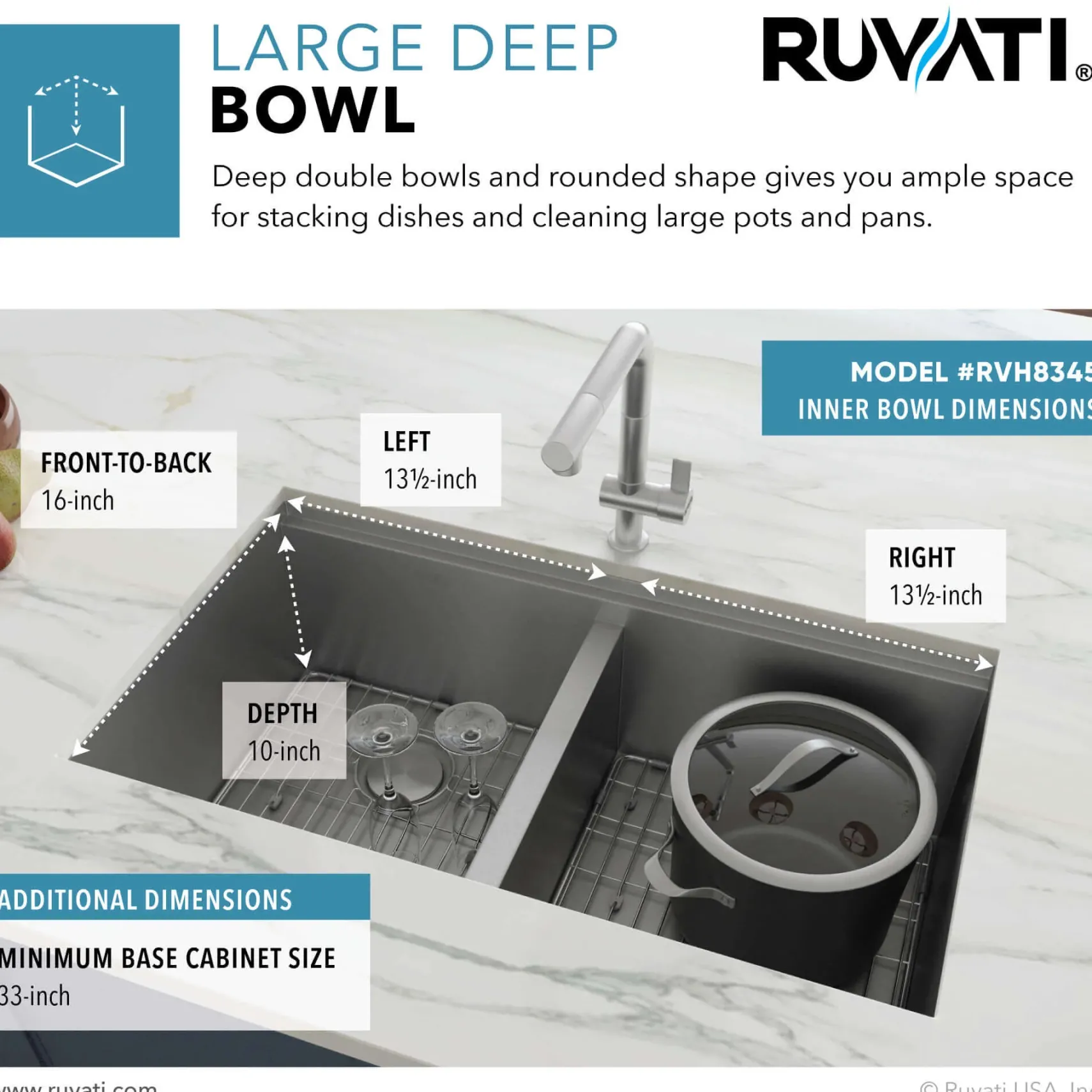 Ruvati Roma 30" Undermount Stainless Steel Workstation Kitchen Sink, 50/50 Double Bowl, 16 Gauge, RVH8345
