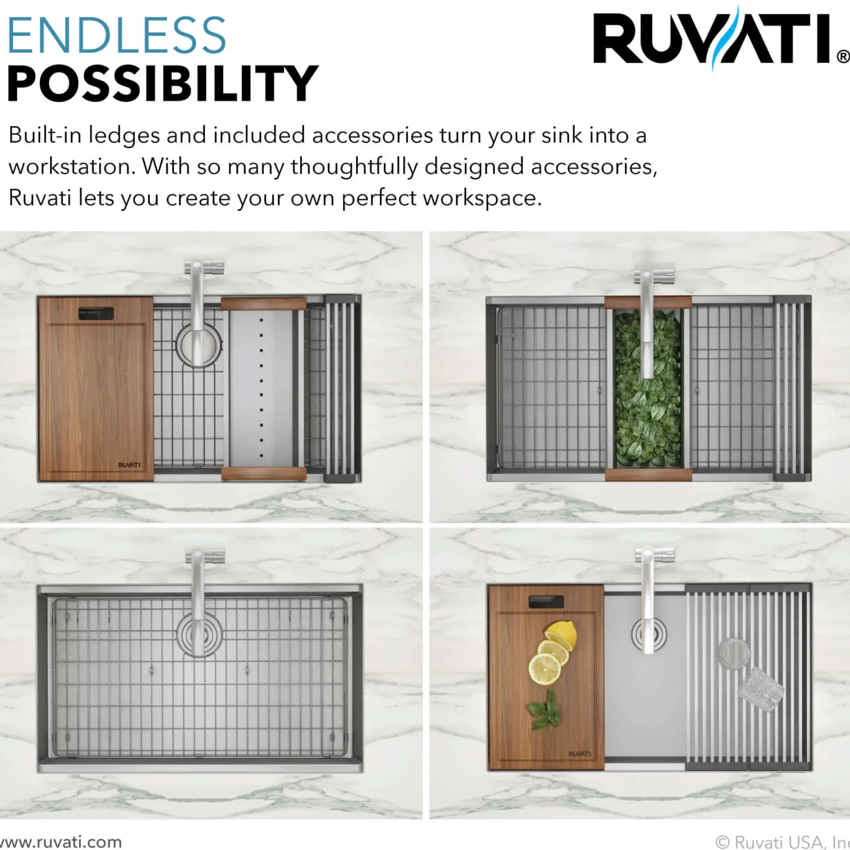 Ruvati Roma 30" Undermount Stainless Steel Workstation Kitchen Sink, 50/50 Double Bowl, 16 Gauge, RVH8345