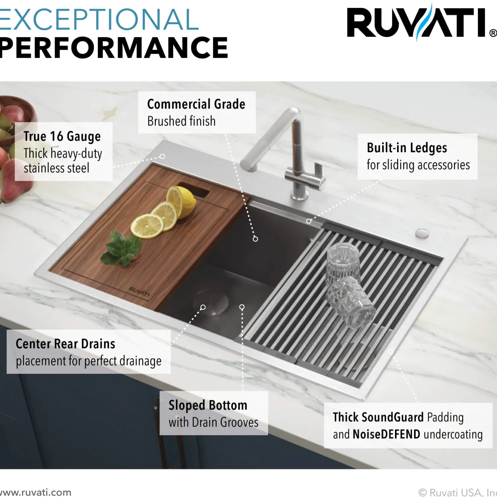Ruvati Siena 33" Stainless Steel Workstation Kitchen Sink, 60/40 Double Bowl, 16 Gauge, Rounded Corners, RVH8035