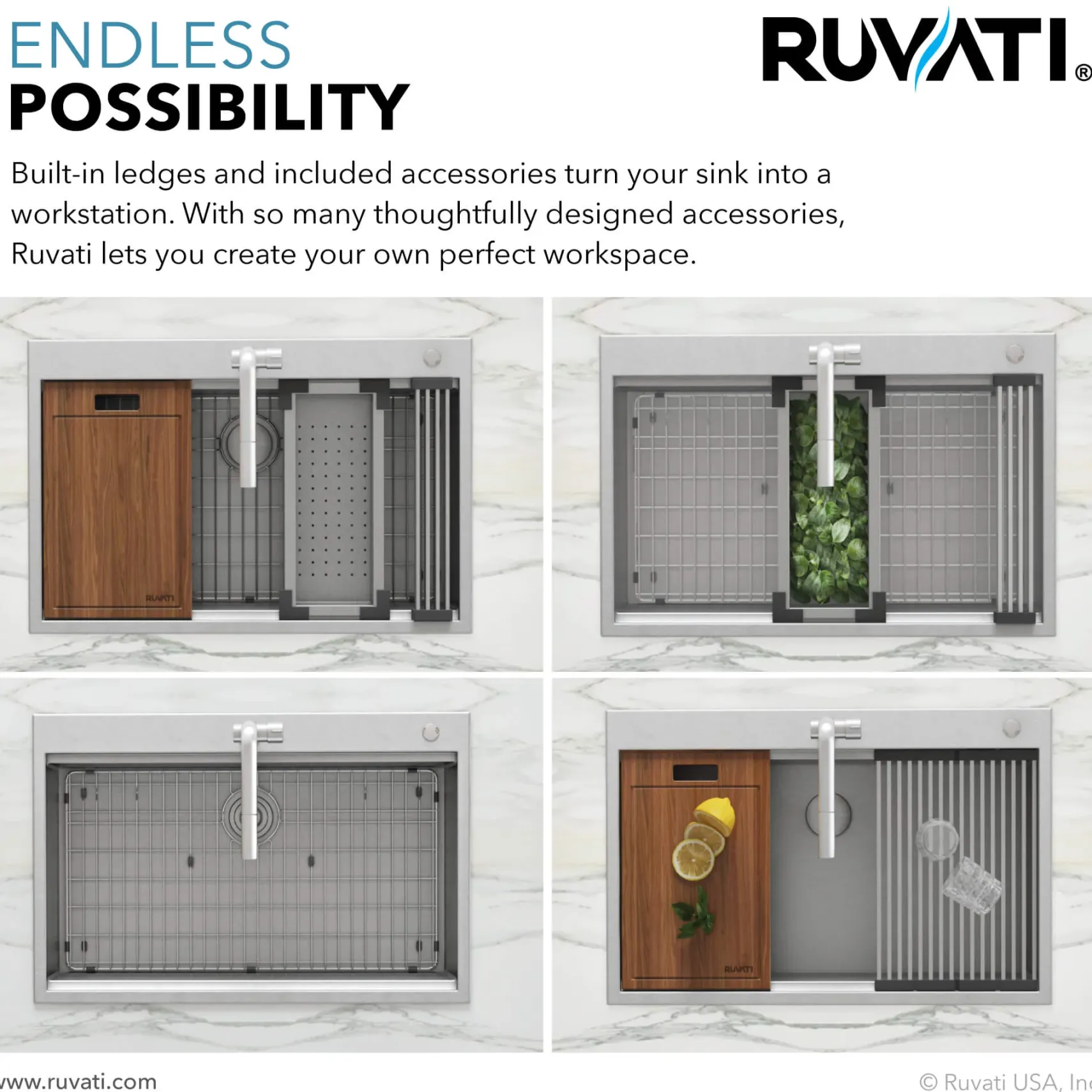 Ruvati Siena 33" Stainless Steel Workstation Kitchen Sink, 60/40 Double Bowl, 16 Gauge, Rounded Corners, RVH8035