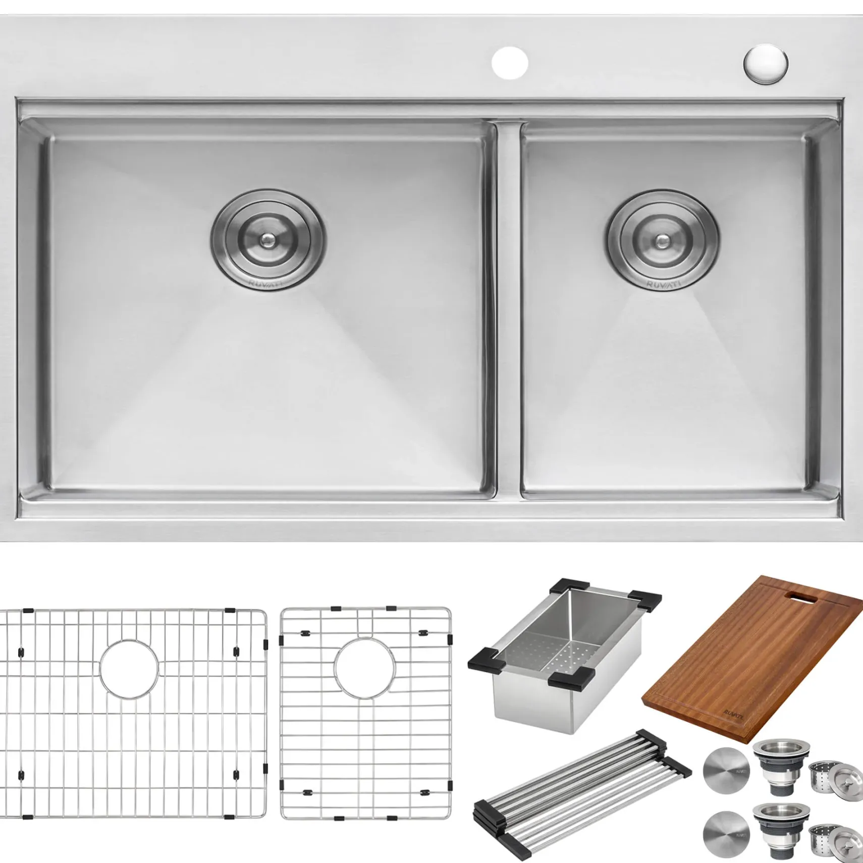 Ruvati Siena 33" Stainless Steel Workstation Kitchen Sink, 60/40 Double Bowl, 16 Gauge, Rounded Corners, RVH8035