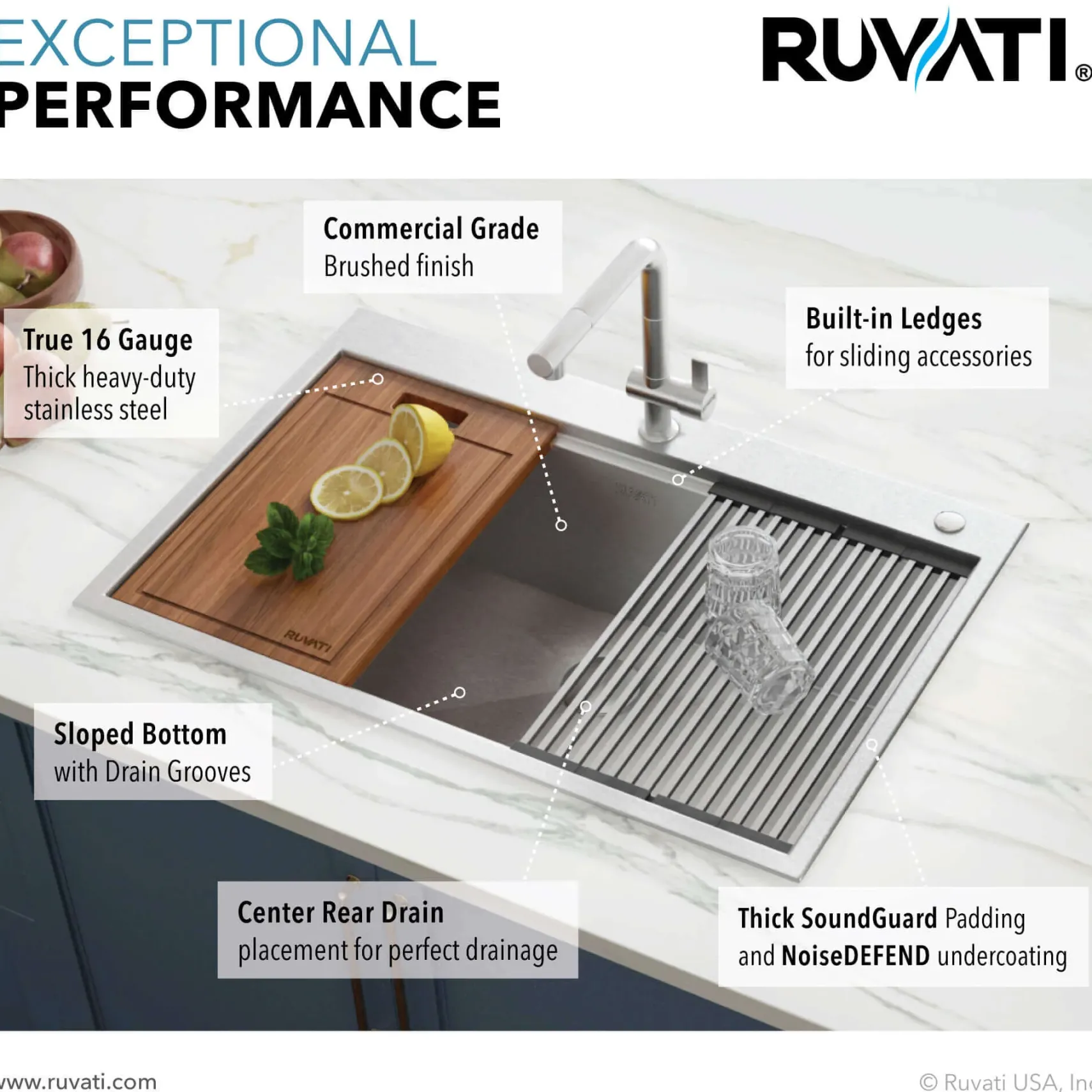 Ruvati Siena 33" Stainless Steel Workstation Kitchen Sink, 16 Gauge, Rounded Corners, RVH8003