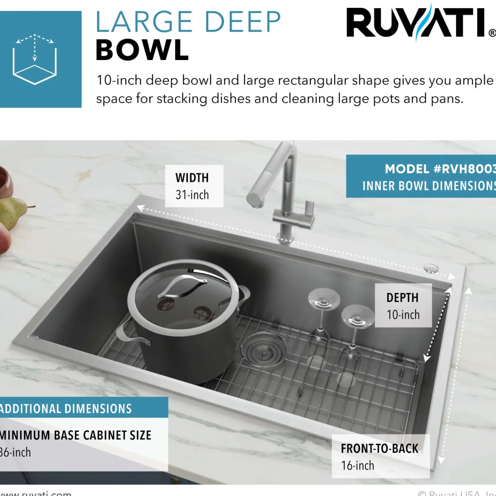 Ruvati Siena 33" Stainless Steel Workstation Kitchen Sink, 16 Gauge, Rounded Corners, RVH8003