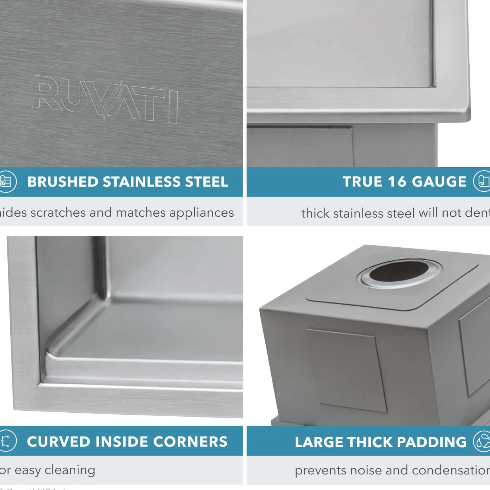 Ruvati Siena 33" Stainless Steel Workstation Kitchen Sink, 16 Gauge, Rounded Corners, RVH8003