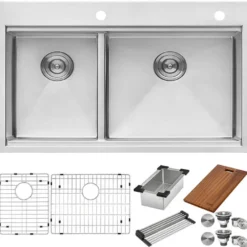 Ruvati Siena 33" Stainless Steel Workstation Kitchen Sink, 40/60 Double Bowl, 16 Gauge, Rounded Corners, RVH8036