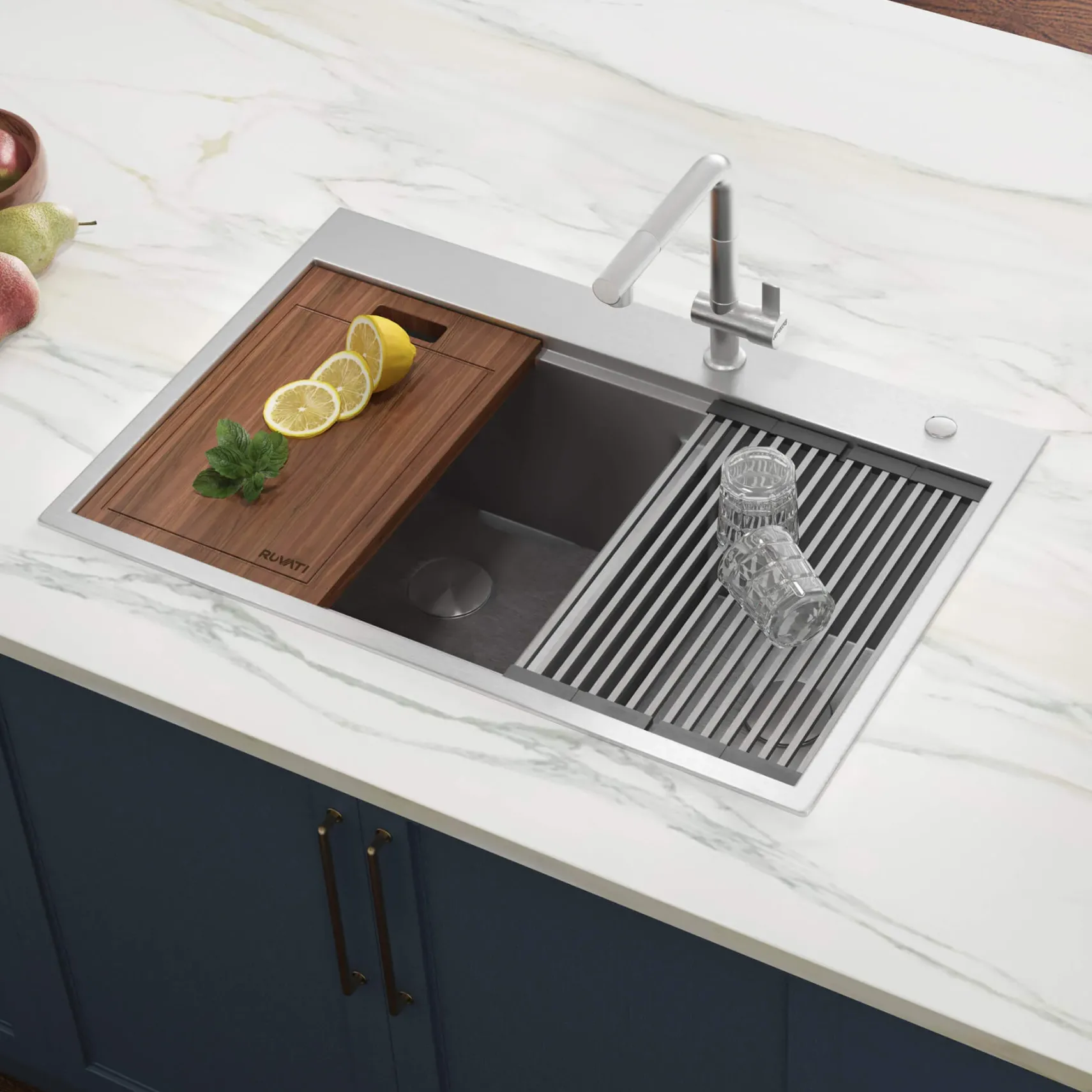 Ruvati Siena 33" Stainless Steel Workstation Kitchen Sink, 40/60 Double Bowl, 16 Gauge, Rounded Corners, RVH8036