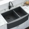 Ruvati Terraza 33" Stainless Steel Apron-front Farmhouse Sink, 60/40 Double Bowl, Gunmetal Matte Black, 16 Gauge, RVH9742BL