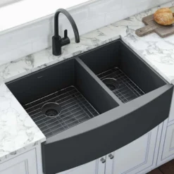Ruvati Terraza 33" Stainless Steel Apron-front Farmhouse Sink, 60/40 Double Bowl, Gunmetal Matte Black, 16 Gauge, RVH9742BL