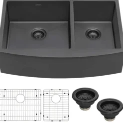 Ruvati Terraza 33" Stainless Steel Apron-front Farmhouse Sink, 60/40 Double Bowl, Gunmetal Matte Black, 16 Gauge, RVH9742BL