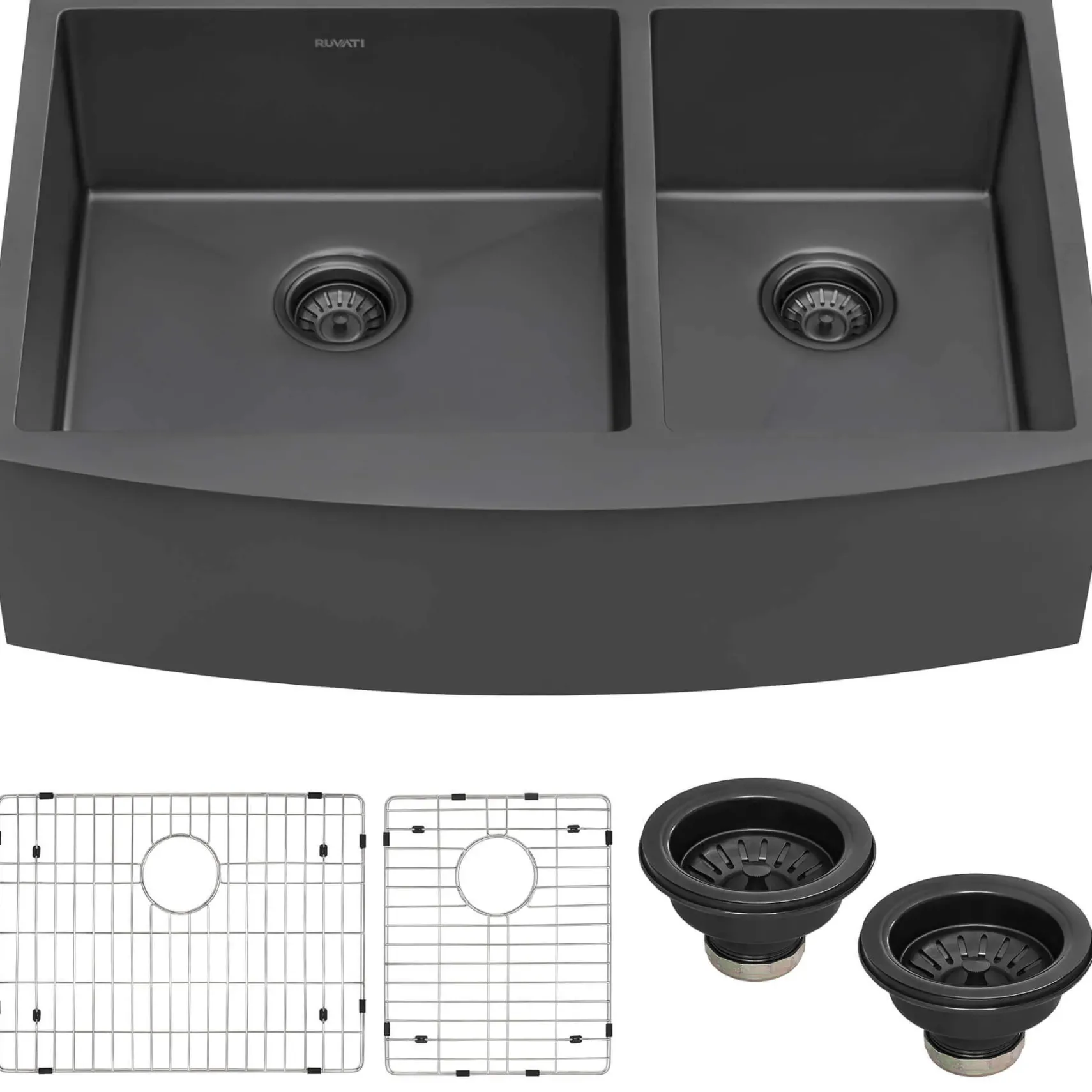 Ruvati Terraza 33" Stainless Steel Apron-front Farmhouse Sink, 60/40 Double Bowl, Gunmetal Matte Black, 16 Gauge, RVH9742BL