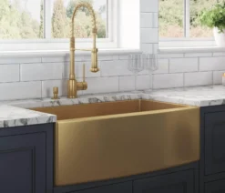 Ruvati Terraza 30" Stainless Steel Apron-front Farmhouse Sink, Brass Tone Matte Gold, 16 Gauge, RVH9660GG
