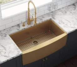 Ruvati Terraza 30" Stainless Steel Apron-front Farmhouse Sink, Brass Tone Matte Gold, 16 Gauge, RVH9660GG