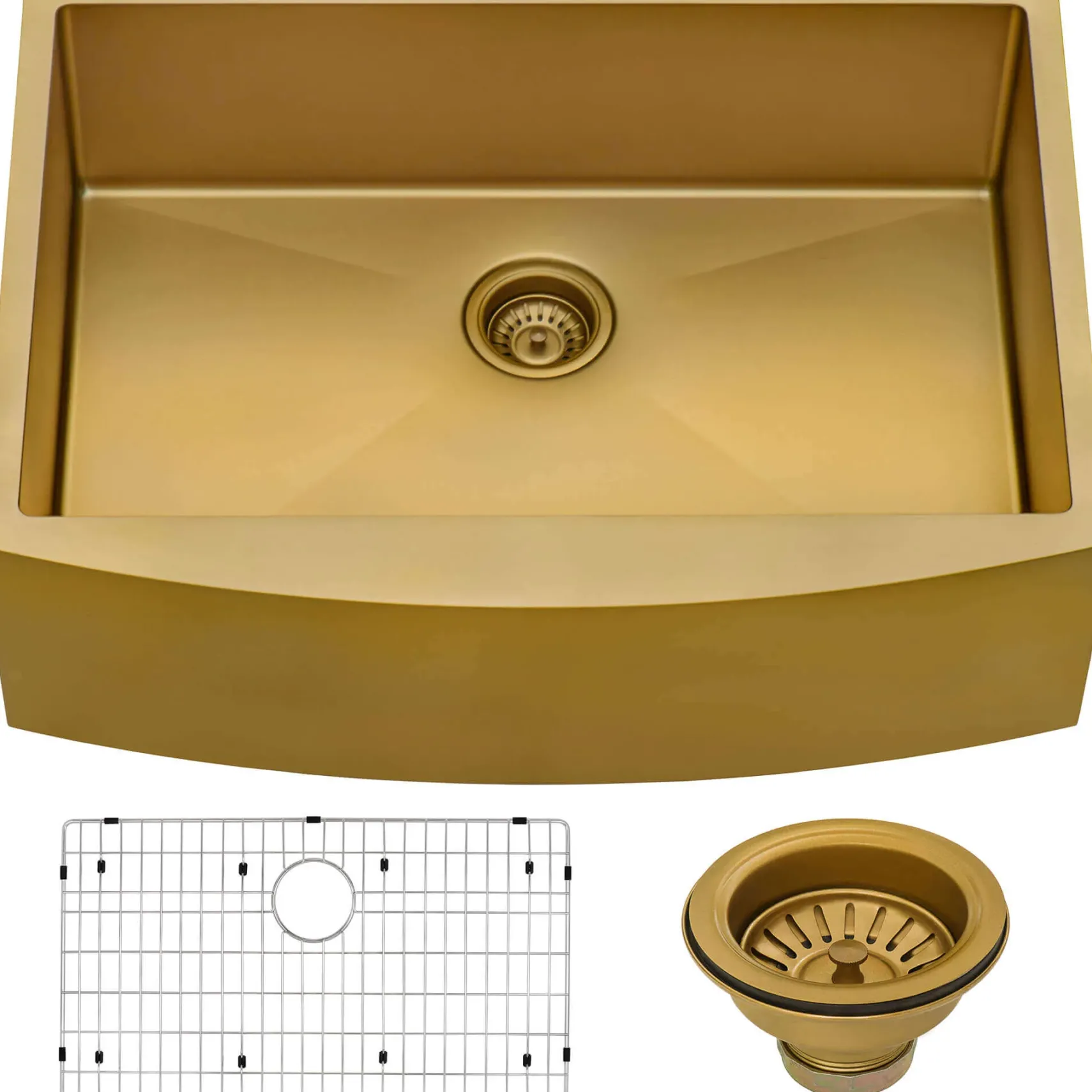 Ruvati Terraza 30" Stainless Steel Apron-front Farmhouse Sink, Brass Tone Matte Gold, 16 Gauge, RVH9660GG