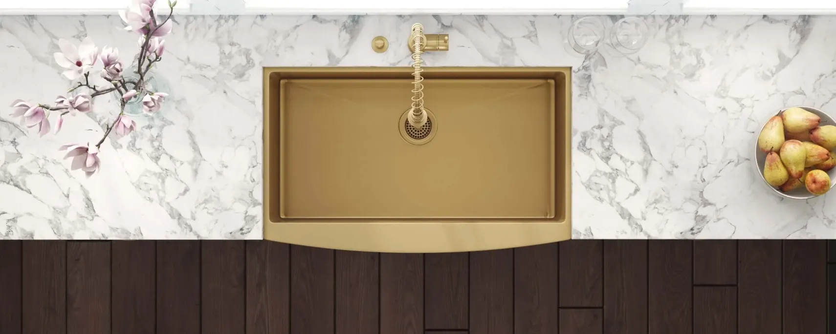 Ruvati Terraza 30" Stainless Steel Apron-front Farmhouse Sink, Brass Tone Matte Gold, 16 Gauge, RVH9660GG