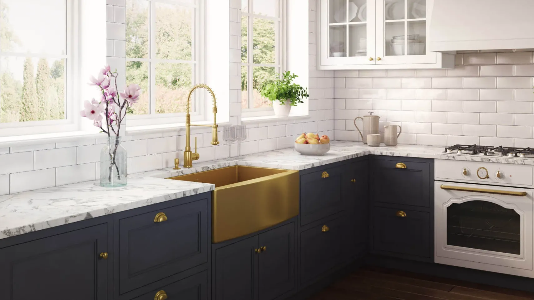 Ruvati Terraza 30" Stainless Steel Apron-front Farmhouse Sink, Brass Tone Matte Gold, 16 Gauge, RVH9660GG